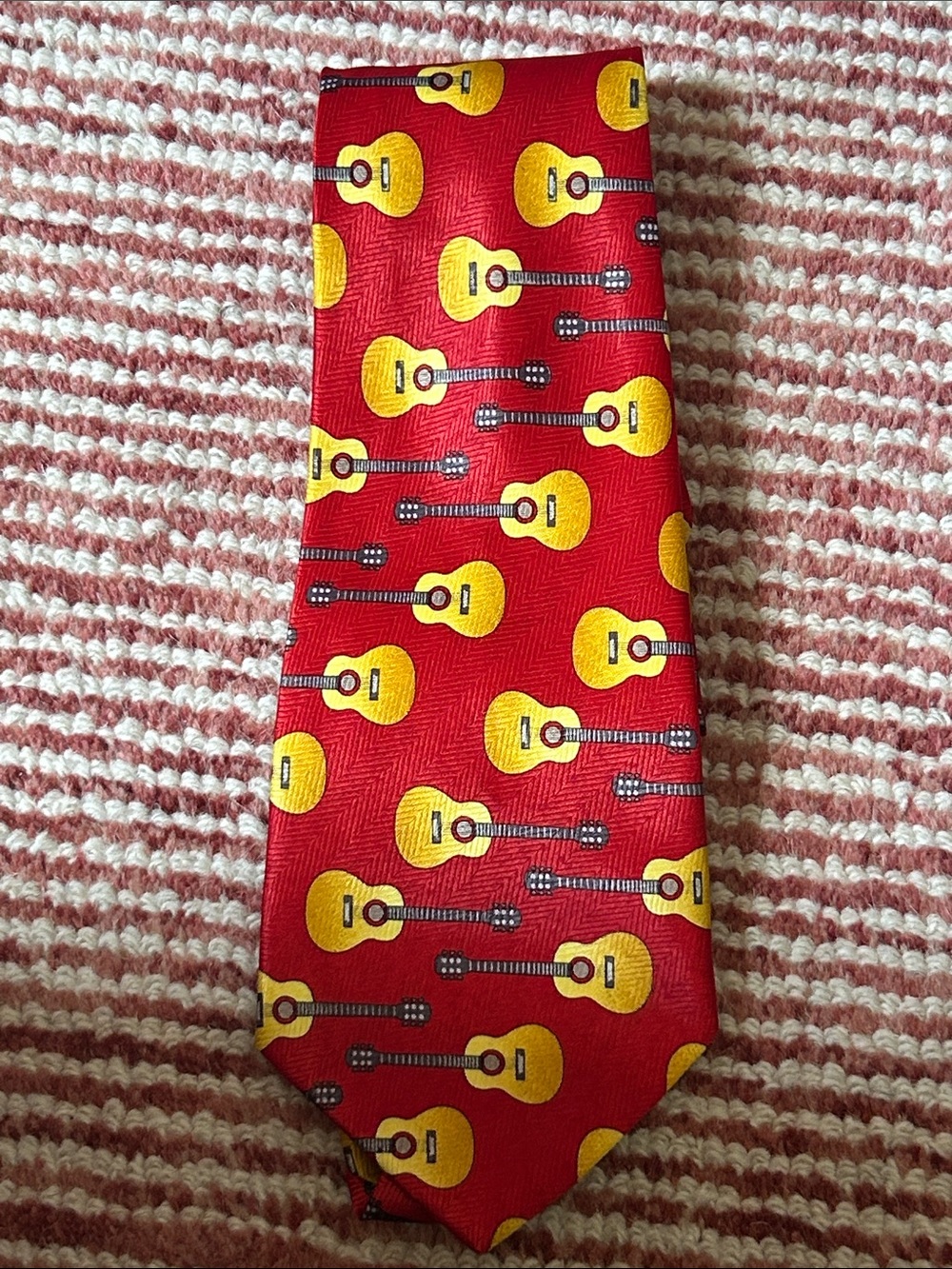 Red Silk Tie with Yellow Guitar Motif